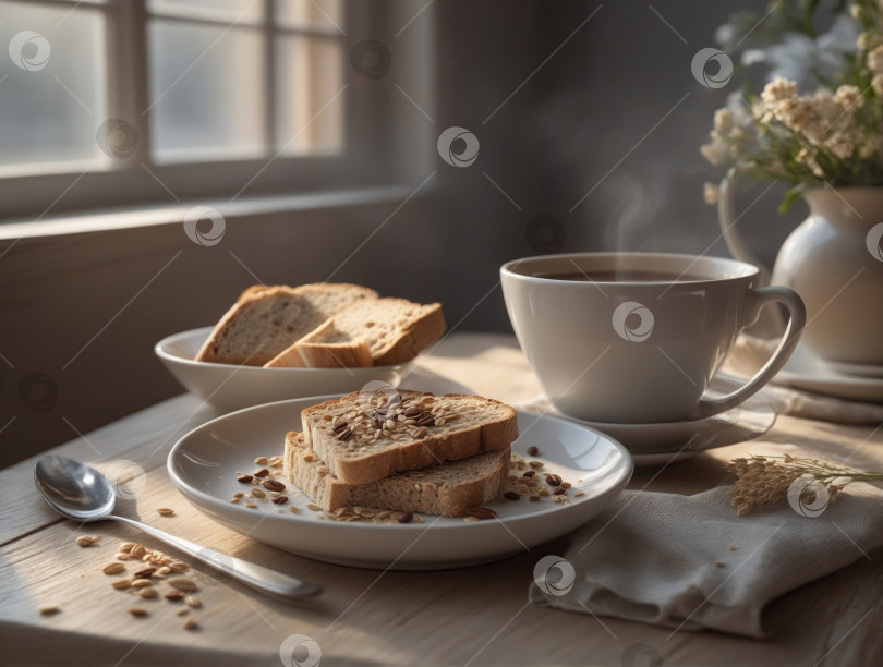Скачать Чашка кофе и тост с семечками подсолнуха на деревянном столе. Скудный завтрак. Скромная еда. фотосток Ozero