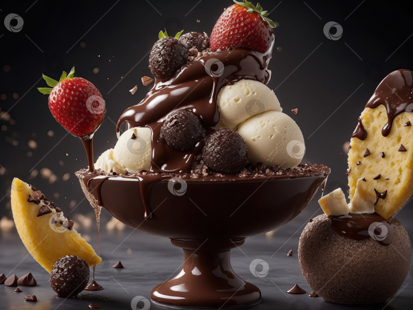 Скачать Шарик мороженого с шоколадной посыпкой и кусочками фруктов фотосток Ozero