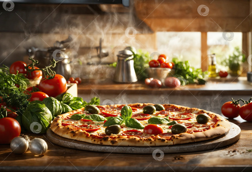 Скачать Традиционная итальянская пицца "Маргарита" с помидорами и оливковым маслом фотосток Ozero