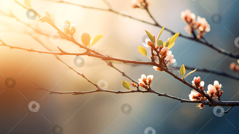 Скачать Ветка дерева ранней весной с набухшими почками в мягких лучах утреннего солнца. Сгенерирован искусственный интеллект. фотосток Ozero