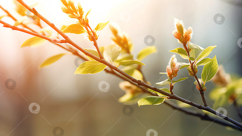 Скачать Ветка дерева ранней весной с набухшими почками в мягких лучах утреннего солнца. Сгенерирован искусственный интеллект. фотосток Ozero