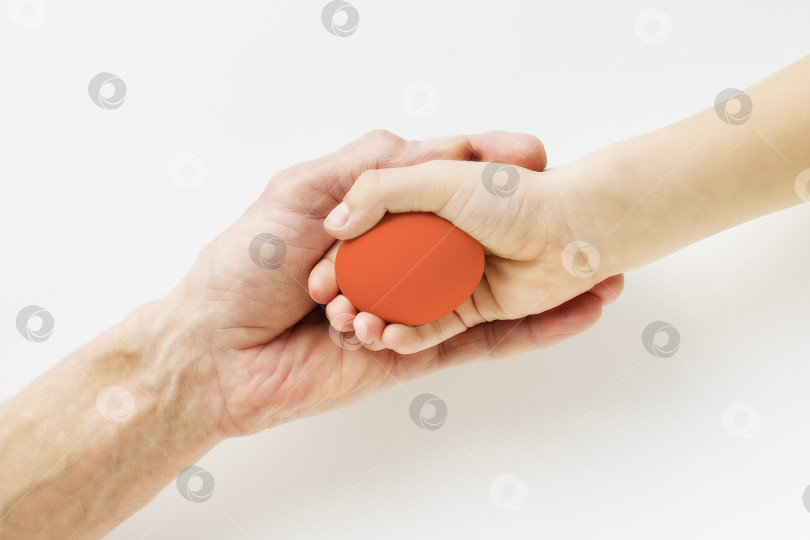 Скачать Рука ребенка и взрослого, держащих пасхальное яйцо фотосток Ozero