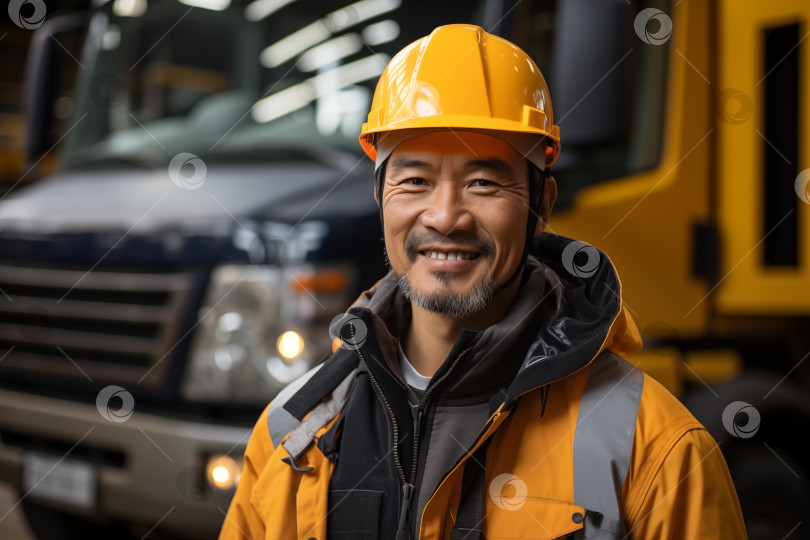 Скачать улыбающийся рабочий-азиат на фоне какого-то тяжелого грузового оборудования фотосток Ozero