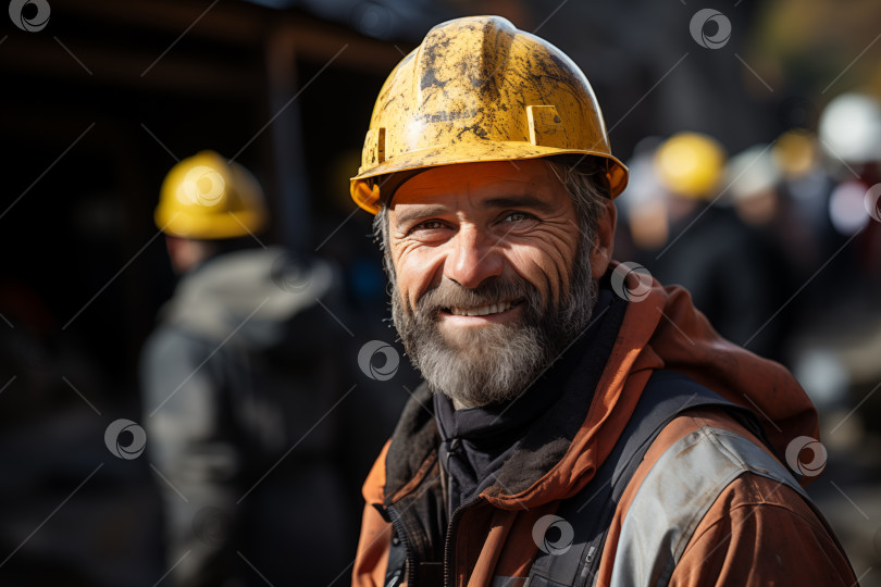 Скачать портрет рабочего-мужчины в каске на размытом промышленном фоне фотосток Ozero