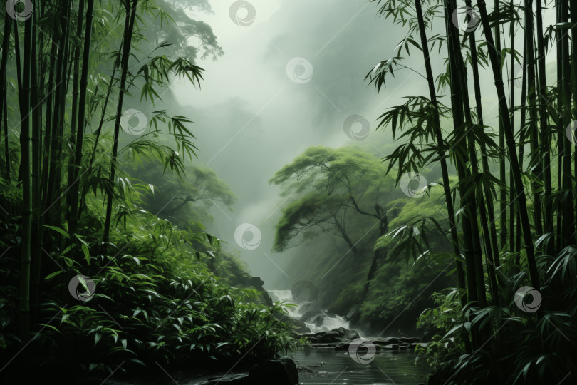 Скачать горный ручей с водопадом в бамбуковом лесу в облаке фотосток Ozero