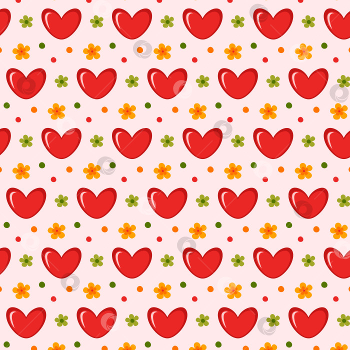 Скачать Бесшовный узор с красными сердечками и цветами. Дизайн на День Святого Валентина, на свадьбу. фотосток Ozero
