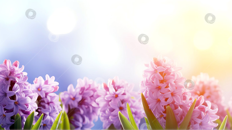 Скачать Цветущие нежные гиацинты ранней весной при дневном солнечном свете. Сгенерирован искусственный интеллект. фотосток Ozero