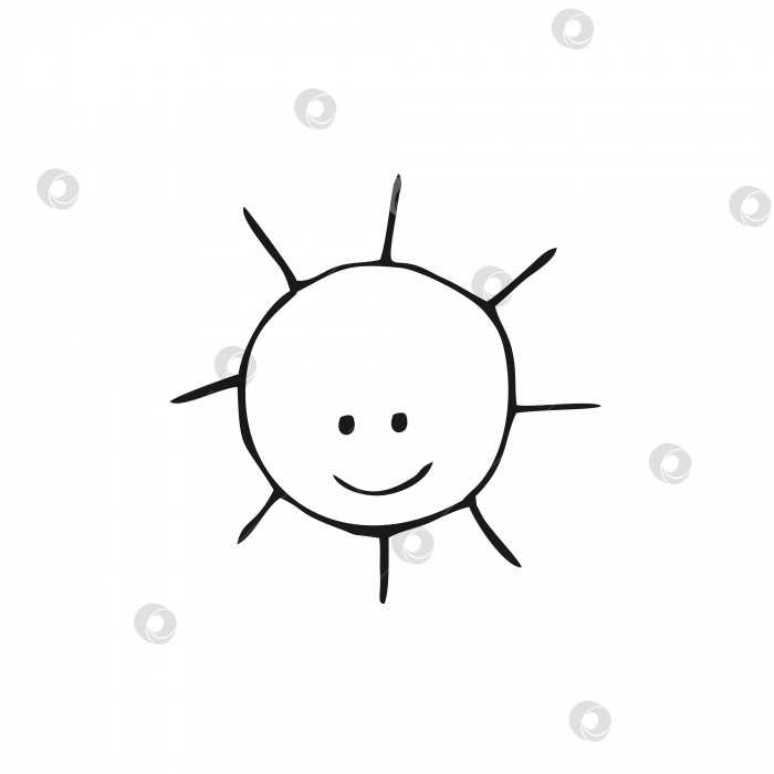 Скачать Простой детский рисунок солнца с улыбкой и глазами. Векторная иллюстрация каракулей. Черно-белое контурное изображение. Дизайн открытки, логотипа, плаката, детской книги, книжки-раскраски. фотосток Ozero