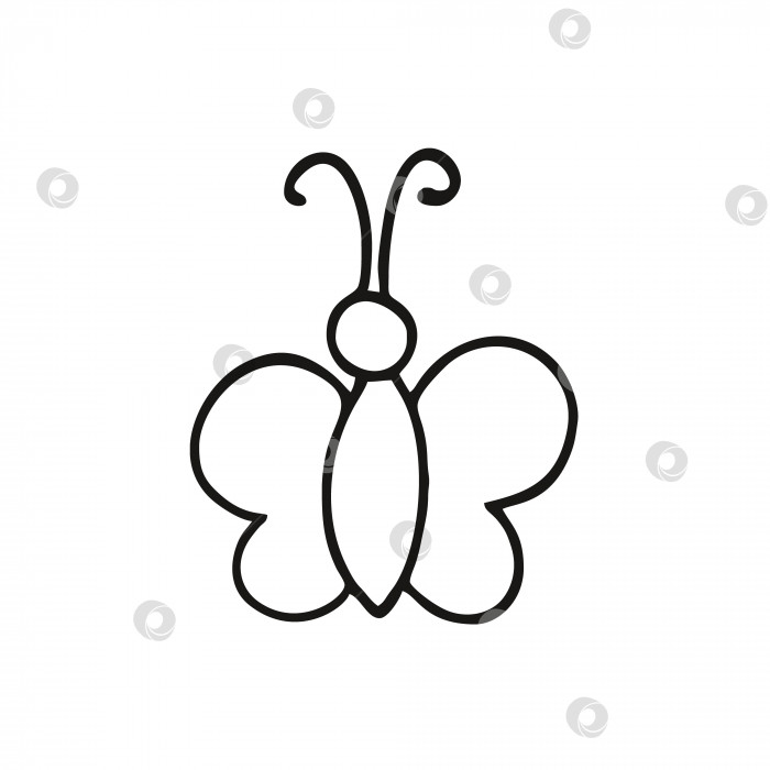Скачать Каракули бабочки на белом фоне. Контур черно-белой бабочки, векторная иллюстрация. Элемент дизайна для открытки, наклейки или логотипа. фотосток Ozero