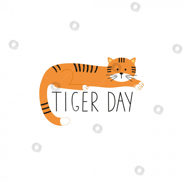 Скачать Симпатичный тигренок лежит на надписи tiger Day. Векторная мультяшная иллюстрация. Логотип экологически чистой компании, Фонда спасения природы, национального парка. Детская иллюстрация. фотосток Ozero