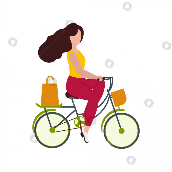 Скачать Красивая девушка едет на велосипеде в магазин за покупками. Концепция здорового образа жизни, езды на велосипеде, спорта. Доставка еды. Векторная мультяшная плоская иллюстрация фотосток Ozero