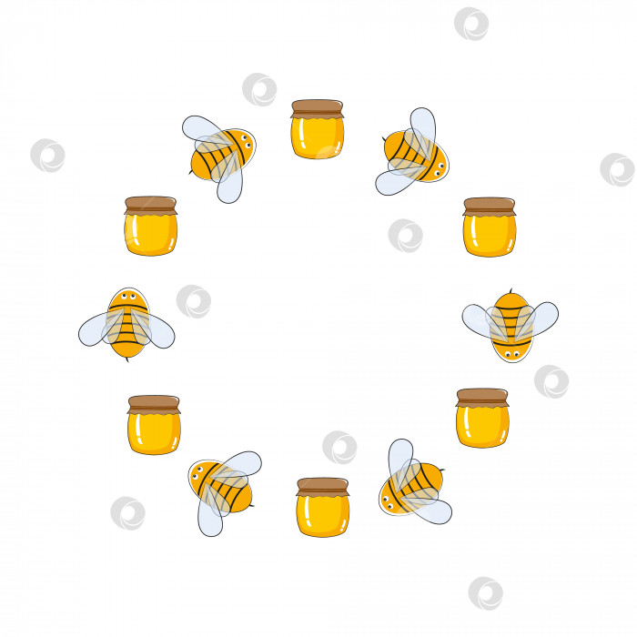 Скачать Круглая векторная рамка с изображением пчел и меда. Дизайн логотипа для ферм, пасек и пчеловодства. Фестиваль меда и продуктов пчеловодства. Векторная мультяшная иллюстрация. фотосток Ozero