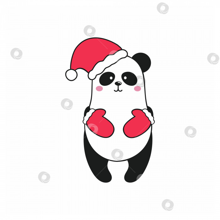 Скачать милая панда в шляпе Санта-Клауса и красных перчатках стоит изолированно на белом фоне. Векторная мультяшная детская иллюстрация для комикса, смайлика, наклейки или логотипа. С Новым годом и Рождеством Христовым. фотосток Ozero