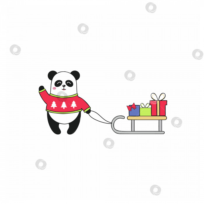 Скачать Милая панда в свитере рядом с санями, на которых лежат подарки. векторная плоская мультяшная иллюстрация.  Панда, изолированная на белом фоне. Розыгрыш к рождественским и новогодним праздникам фотосток Ozero