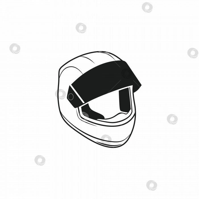 Скачать Мотоциклетный гоночный шлем, вид сбоку, выделенный на белом фоне. Рисунок черного контурного каракулевого шлема для мотоцикла. Защита, оборудование и безопасность. Векторный значок для магазина запасных частей, оборудования и гонок. фотосток Ozero