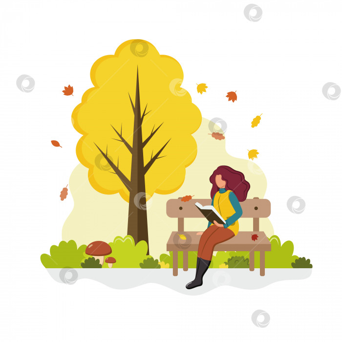 Скачать Женщина в свитере сидит на скамейке и читает книгу в осеннем парке. Векторная плоская мультяшная иллюстрация. фотосток Ozero