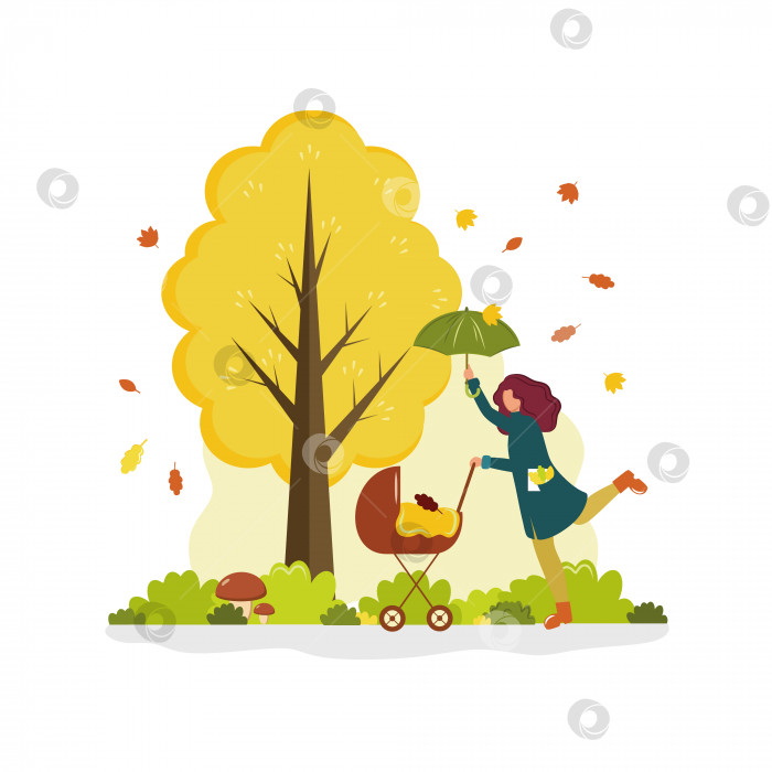 Скачать Женщина прогуливается с коляской и зонтиком возле дерева осенью. Векторная мультяшная плоская иллюстрация. фотосток Ozero