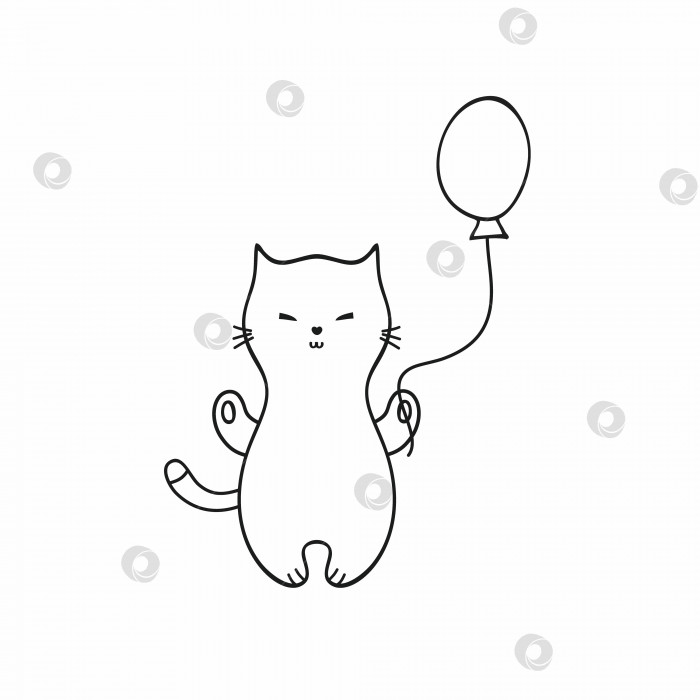 Скачать Котенок с воздушным шариком в стиле каракули. Минималистичный кот, выделенный на белом фоне в абстрактном стиле. Нарисованная от руки иллюстрация, черно-белый линейный эскиз. Векторный рисунок для детей фотосток Ozero