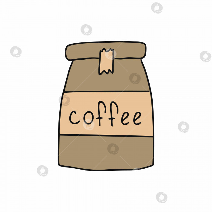 Скачать Растворимый кофе в бумажной упаковке с этикеткой coffee. Векторная иллюстрация в стиле каракули. фотосток Ozero