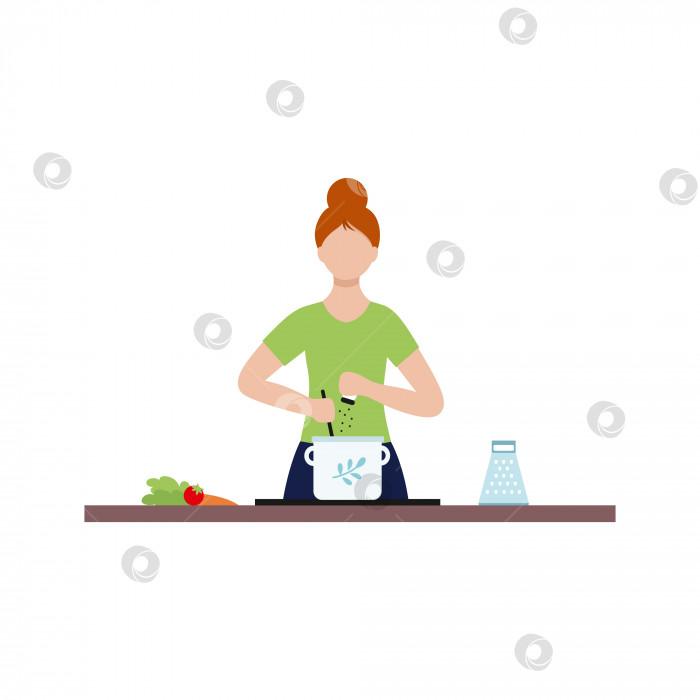 Скачать Домохозяйка готовит суп в кастрюле. Молодая женщина занимается приготовлением пищи. Векторный символ в плоском стиле. фотосток Ozero