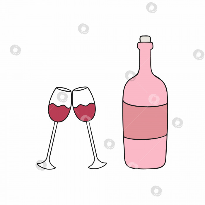 Скачать Бутылка вина и два бокала для вина. Векторная иллюстрация ко дню святого Валентина. фотосток Ozero