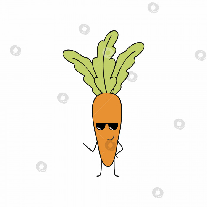 Скачать Оранжевая морковь в черных очках. Забавная морковка с глазами и личиком. Векторный плоский персонаж для детских наклеек. Детские открытки с овощами. фотосток Ozero