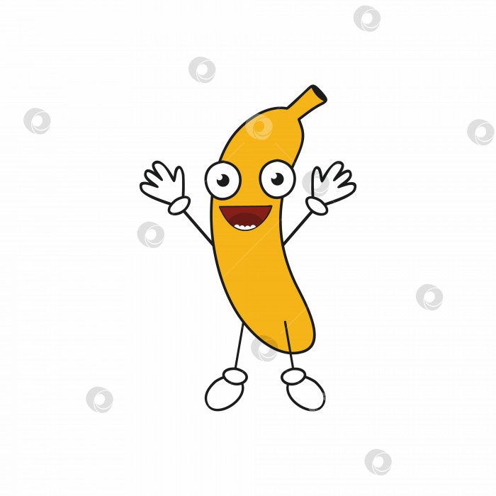 Скачать Веселый банан с большими глазами приветствует вас. Смайлик для социальных сетей. фотосток Ozero