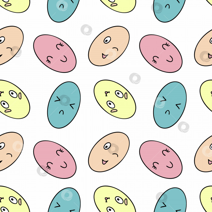 Скачать Бесшовный узор с забавными яйцами для праздника Пасхи. Куриное яйцо с глазками. Фон для пошива одежды, печати на ткани, упаковочной бумаге. фотосток Ozero