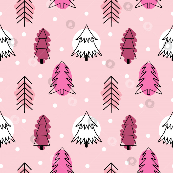 Скачать Розовый бесшовный узор с милыми рождественскими елочками. Деревья в стиле каракули. Фон для печати на ткани, обоях, упаковочной бумаге. фотосток Ozero