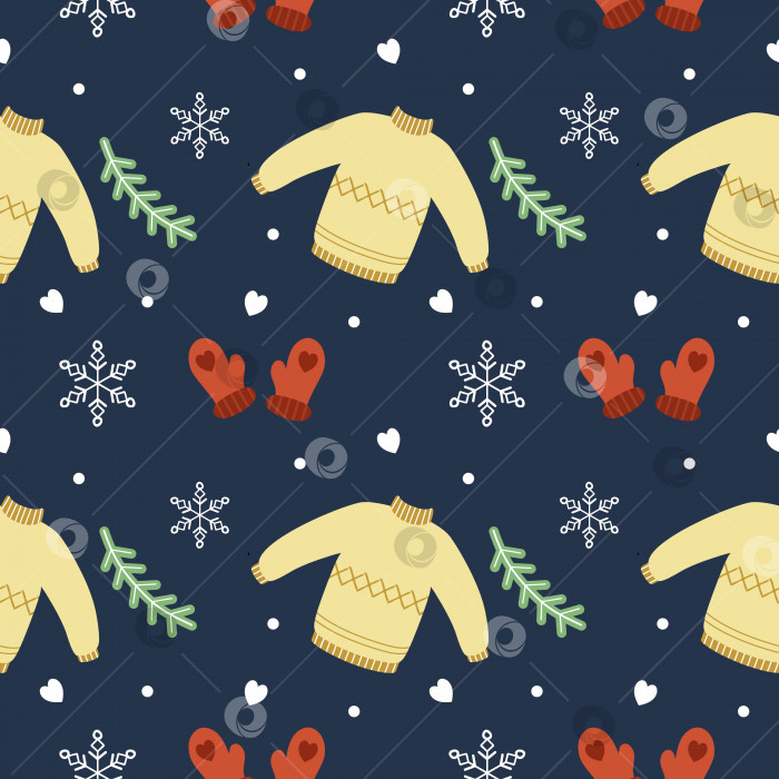 Скачать Бесшовный узор для Нового года и Рождества. Варежки, свитер и еловые ветки. Фон для печати на ткани или упаковочной бумаге. фотосток Ozero