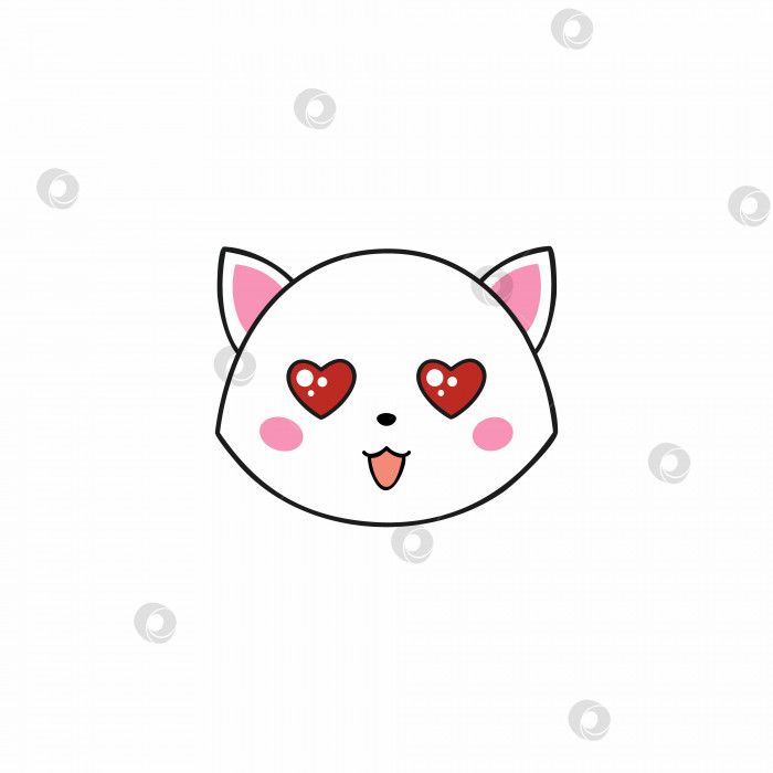 Скачать Обожаю котенка с глазами в форме сердца. Рисунок кошки ко Дню Святого Валентина. Открытка к празднику всех влюбленных. Японский иероглиф для печати на одежде. фотосток Ozero