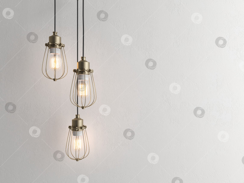 Скачать Три винтажные лампы, свисающие с потолка, с настенным 3D-рендерингом. фотосток Ozero