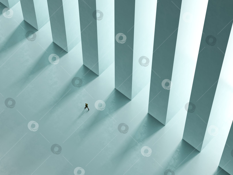 Скачать одинокий мужчина идет по коридору с колоннами под легкий 3D-рендеринг фотосток Ozero
