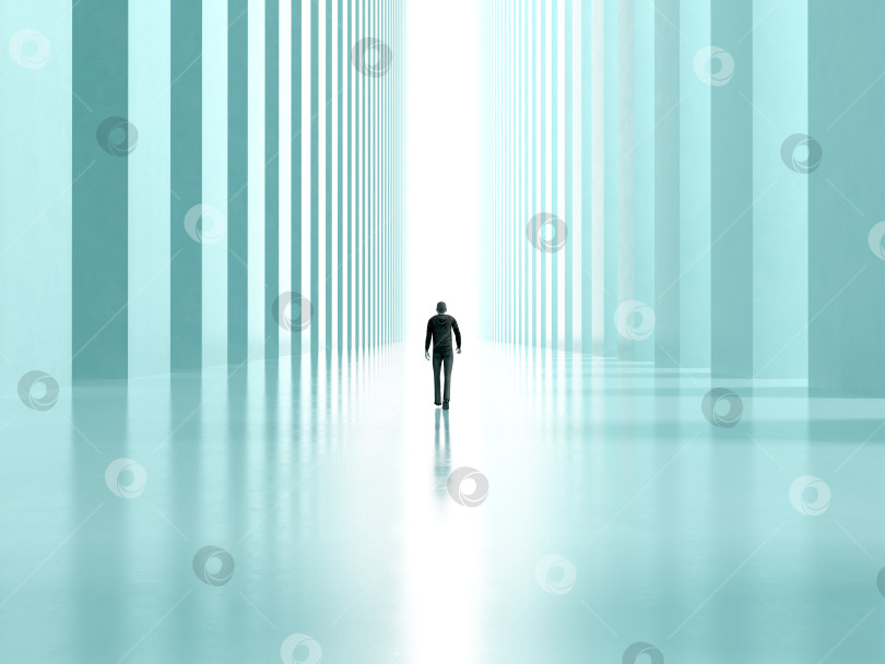 Скачать одинокий мужчина идет по коридору с колоннами под легкий 3D-рендеринг фотосток Ozero
