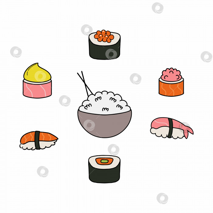 Скачать Сервиз с суши и роллами. Традиционная японская кухня. Рис и палочки для еды. Коллекция иконок для ресторана. Векторная иллюстрация в стиле каракули. фотосток Ozero