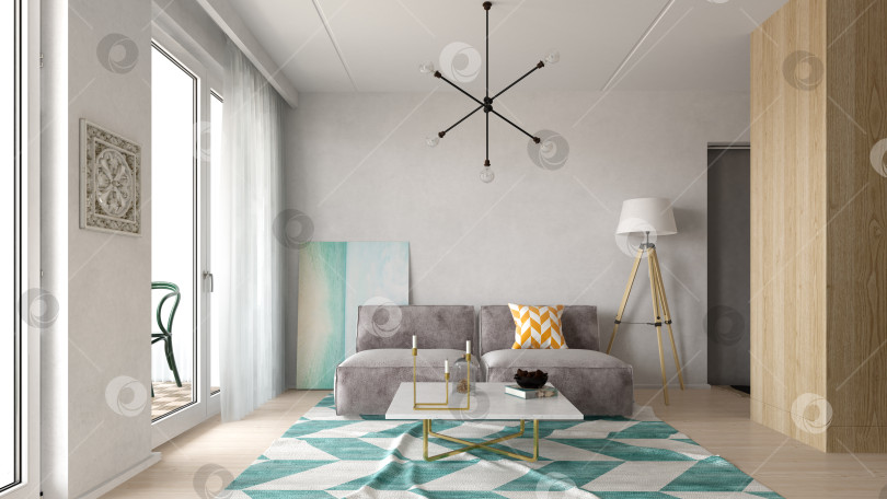 Скачать Интерьер современной гостиной с диваном и мебелью в 3D-рендеринге фотосток Ozero