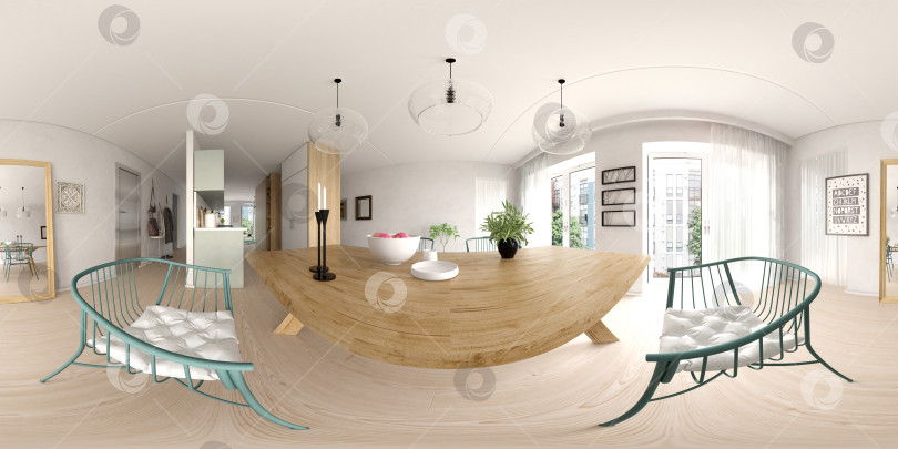 Скачать Сферическая проекция панорамы на 360 градусов Дизайн интерьера в скандинавском стиле 3D рендеринг фотосток Ozero