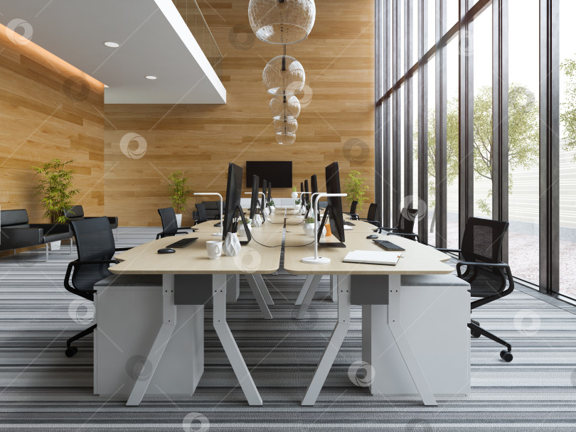 Скачать Интерьер современного офиса открытого пространства с 3D-иллюстрацией фотосток Ozero