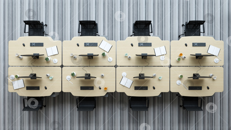 Скачать Вид сверху Интерьер современного офиса открытого пространства с 3D-иллюстрацией фотосток Ozero