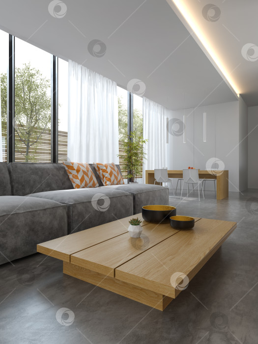 Скачать Интерьер современной гостиной с диваном и мебелью в 3D рендеринге фотосток Ozero