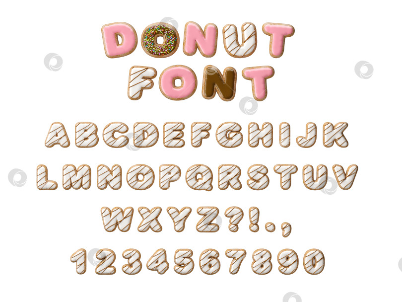 Скачать Декоративный шрифт Donuts с глазированными сладкими буквами и цифрами. Симпатичный дизайн. 3D иллюстрация фотосток Ozero