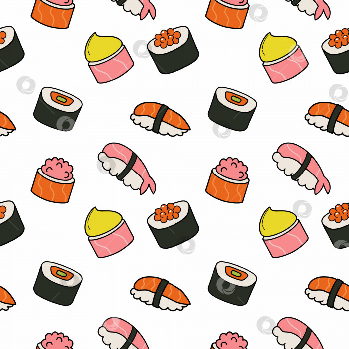 Скачать Набор суши и роллов. Бесшовный узор с японскими суши. Японская национальная кухня. Обои для печати на упаковочной бумаге фотосток Ozero