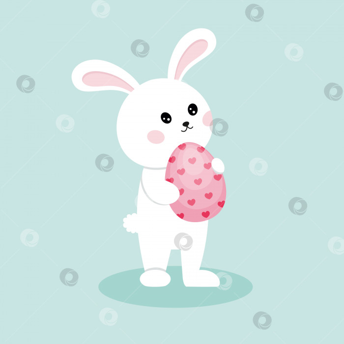 Скачать Кролик с пасхальным яйцом. Милый кролик держит в лапках розовое пасхальное яйцо. Векторный персонаж для праздника Пасхи. фотосток Ozero