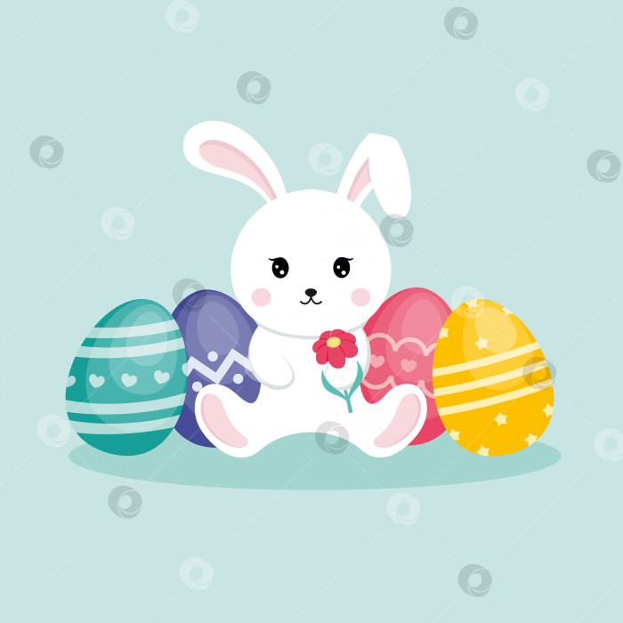 Скачать Милый пасхальный кролик сидит рядом с яркими яйцами. Иллюстрация для дизайна открыток, печати на одежде, плакате. фотосток Ozero