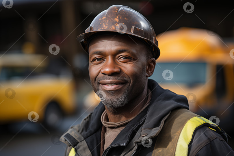 Скачать улыбающийся рабочий-мужчина на фоне каких-то транспортных средств фотосток Ozero