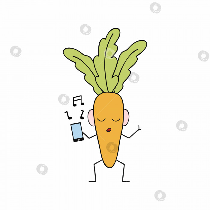 Скачать Забавная морковка слушает музыку на вашем смартфоне. Забавный персонаж для детских наклеек. Векторная иллюстрация с фруктами и овощами в стиле каракули. фотосток Ozero