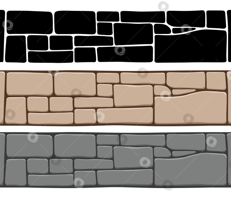 Скачать Набор из 3 видов бесшовных текстур каменной стены, изолированных на белом фоне. Векторные элементы. фотосток Ozero