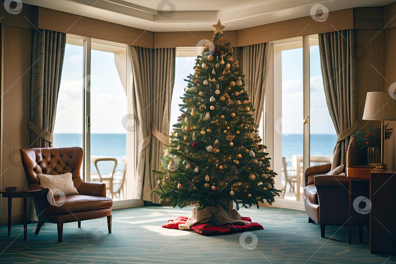 Скачать Рождественская елка украшена в отеле с видом на море во время отпуска в тропической стране с пальмами на закате. Путешествие на Рождество и Новый год, тур на курорт фотосток Ozero