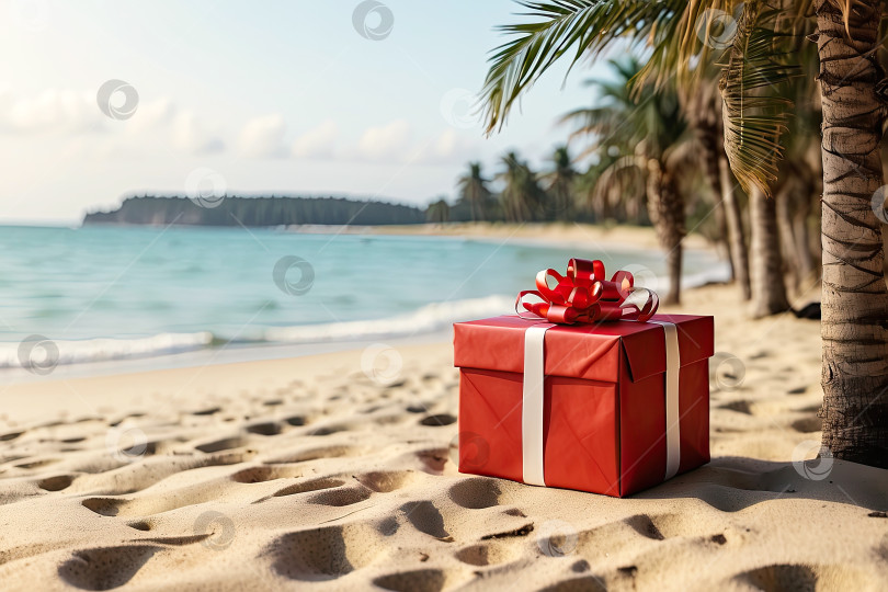 Скачать Рождественская подарочная коробка на песчаном морском пляже с пальмами под палящим солнцем. Представьте туристическую поездку на Рождество и Новый год в тропические страны, отдых на море. Искусственный интеллект сгенерировал фотосток Ozero