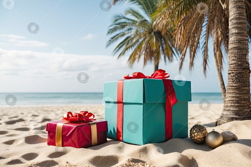 Скачать Рождественская подарочная коробка на песчаном морском пляже с пальмами под палящим солнцем. Представьте туристическую поездку на Рождество и Новый год в тропические страны, отдых на море. Искусственный интеллект сгенерировал фотосток Ozero